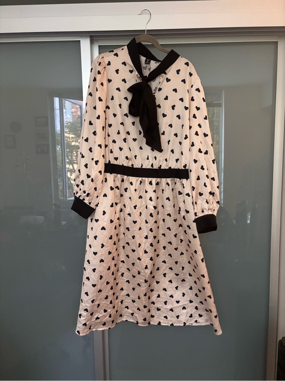 Off- white Dress with Black Heart Print and Bow Neck